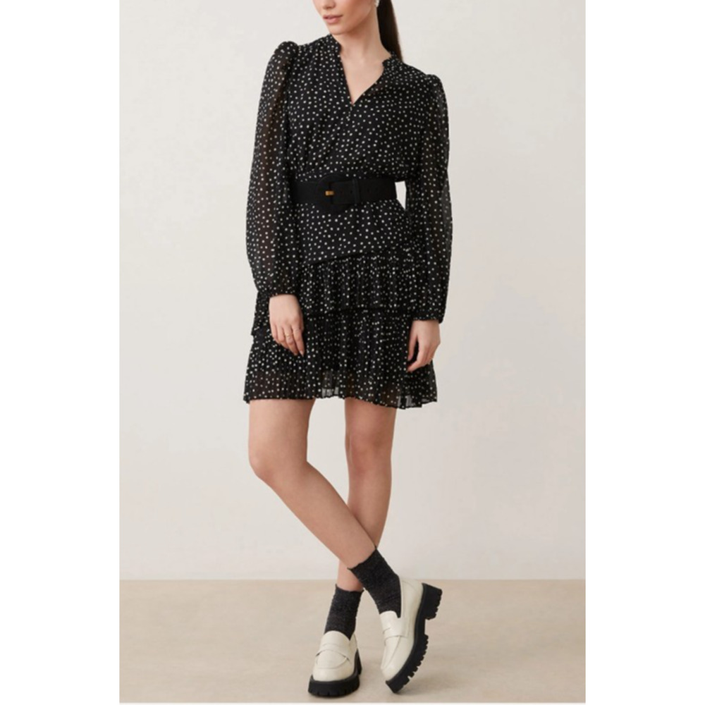 Suncoo Paris Caliliste Polka Dot Ruffle Tiered V Neck Mini Dress Size T0 US XS